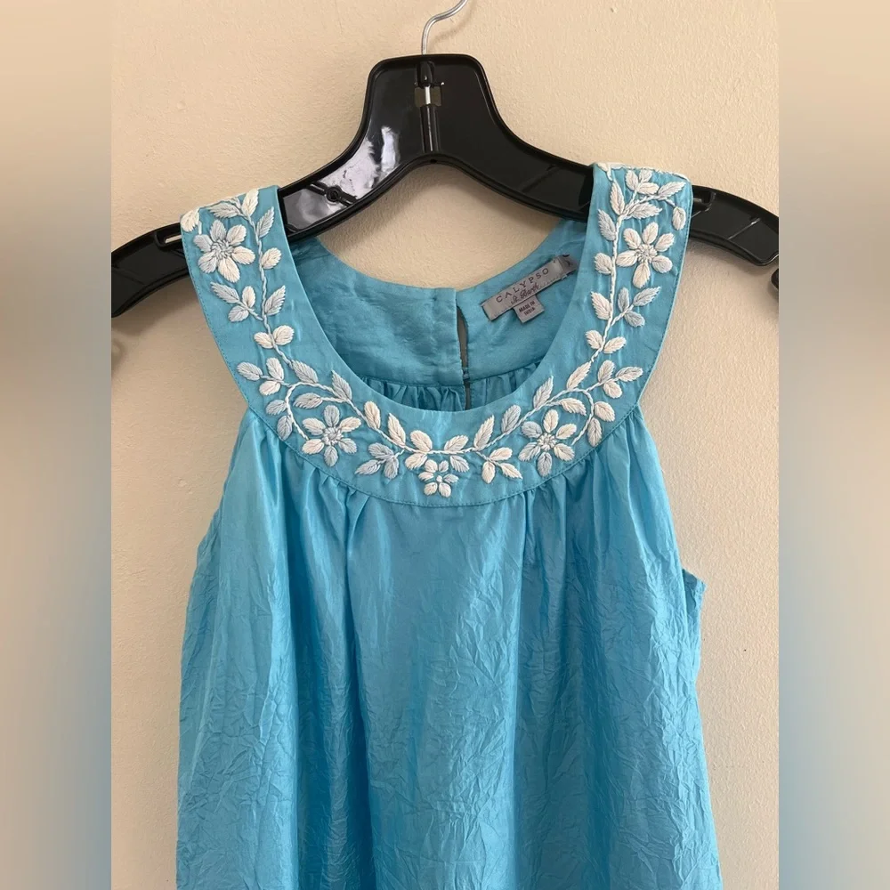 Blue Sleeveless Dress with White Embroidery by calypso st Barth - Picture 3 of 7